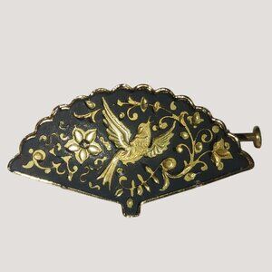 Vintage Damascene Brooch Small Gold Tone Black Enamel Fan Bird Floral Design